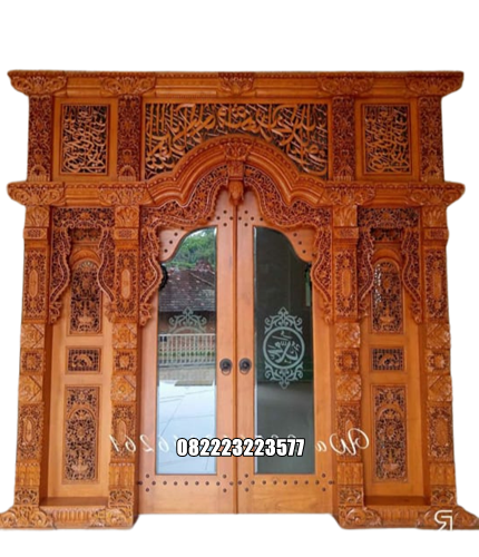 Pintu Gebyok Masjid Kombinasi Kaca Ukir Kayu Jati
