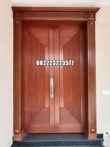 Pintu Utama Garis Garis Salur Kayu Jati Motif 3D